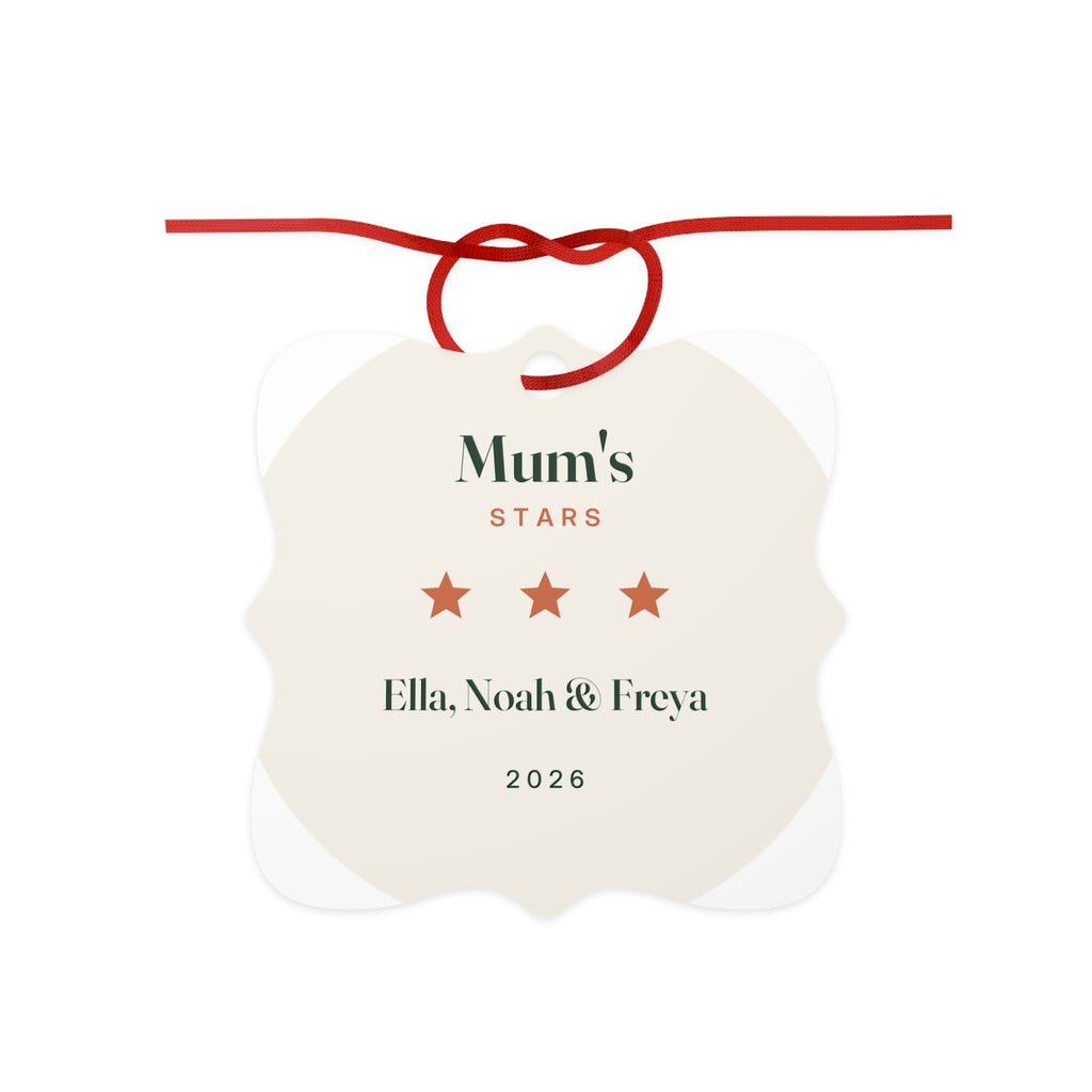 Personalised aluminium stars ornament mock-up with a red ribbon bow, 'Mum's Stars', three stars, 'Ella, Noah & Freya', '2026'