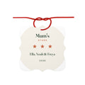 Personalised aluminium stars ornament mock-up with a red ribbon bow, 'Mum's Stars', three stars, 'Ella, Noah & Freya', '2026'
