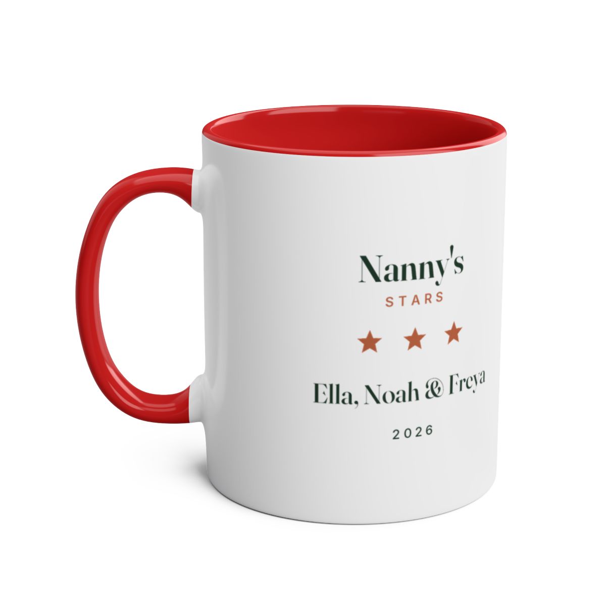 Personalised stars and names mug mock-up, red handle and inside, printed 'Nanny's Stars', 'Ella, Noah & Freya' and '2026'