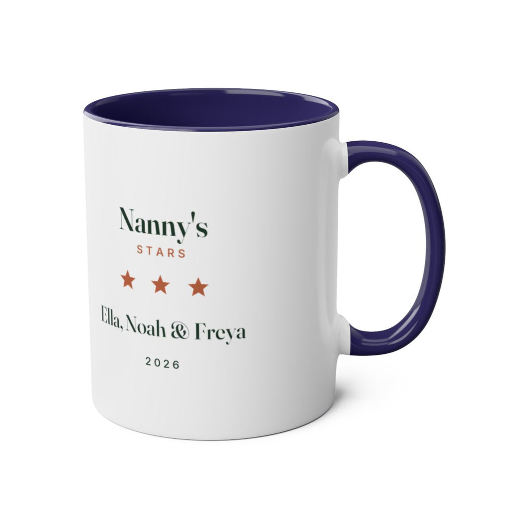 Personalised stars and names mug mock-up, dark blue two-tone, handle right, with 'Nanny's Stars' and three sample names