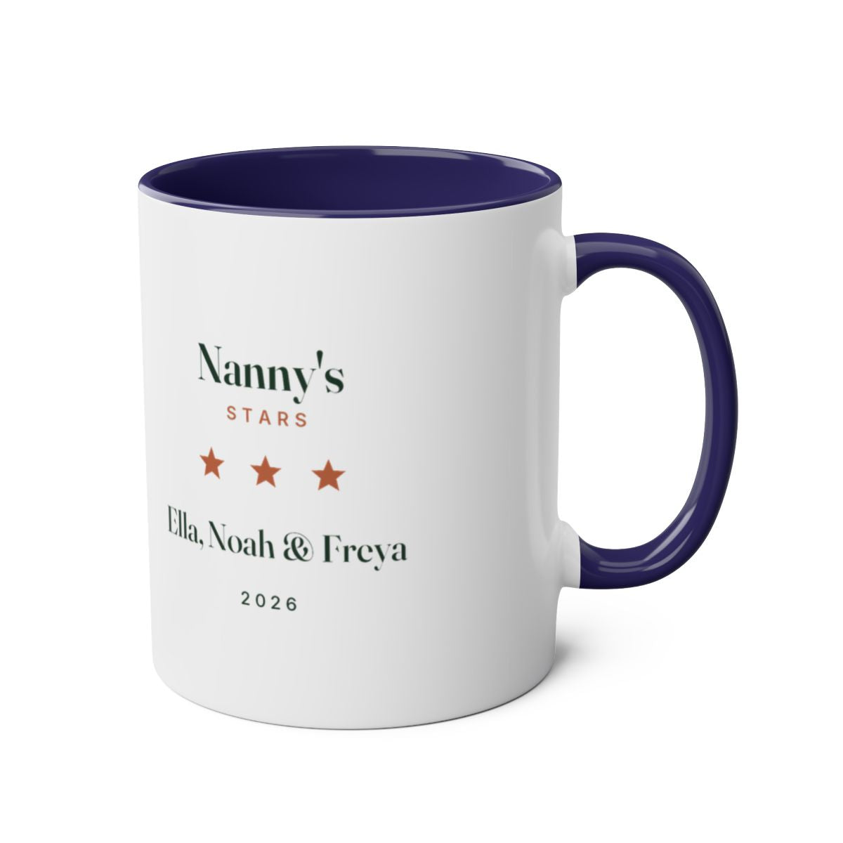 Personalised stars and names mug mock-up, dark blue two-tone, handle right, with 'Nanny's Stars' and three sample names
