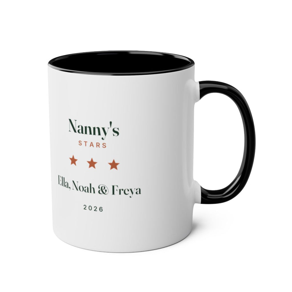 Personalised stars and names mug mock-up, black two-tone, handle right, with 'Nanny's Stars' and three sample names