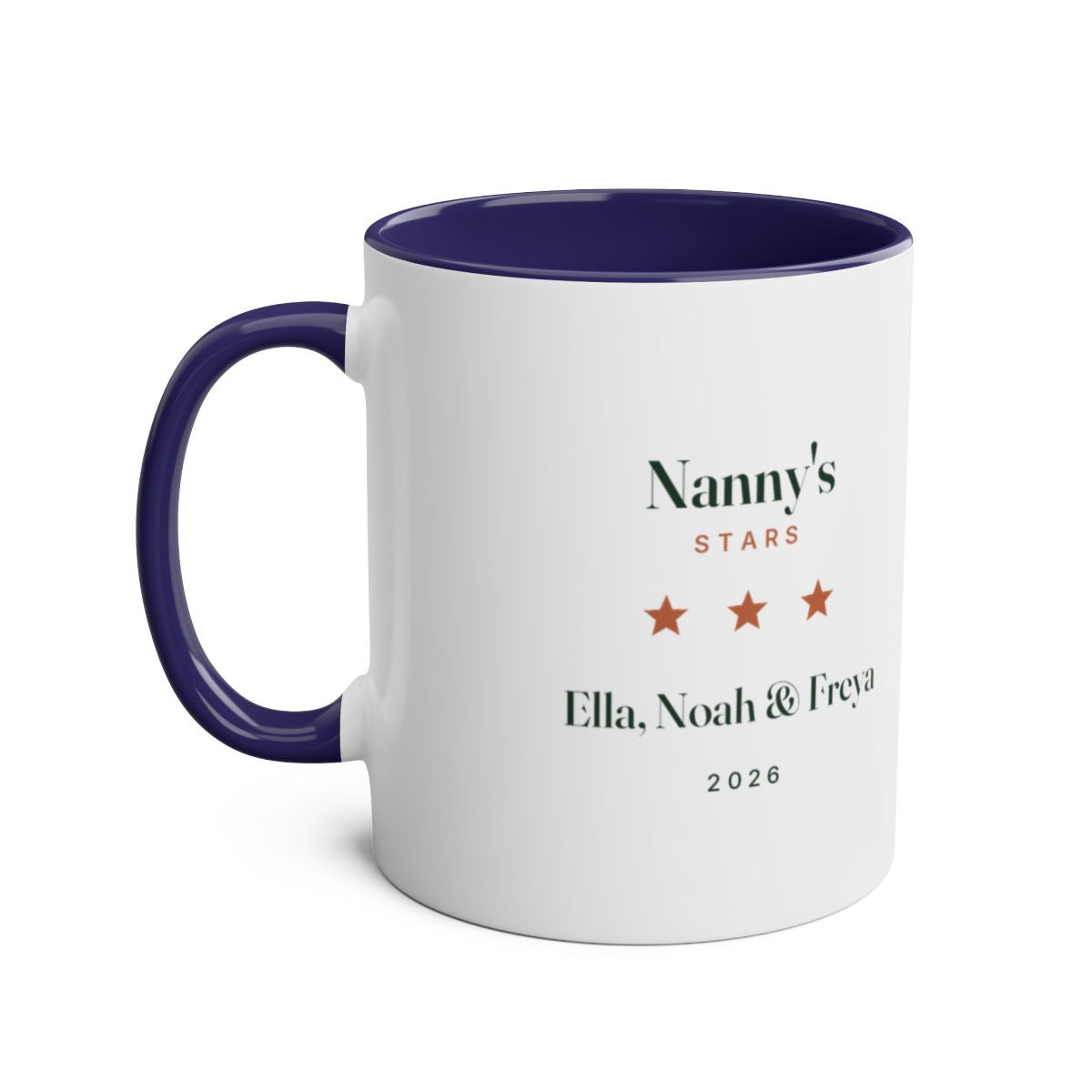 Personalised stars and names mug mock-up, dark blue two-tone, handle on the left, with the sample 'Nanny's Stars' design