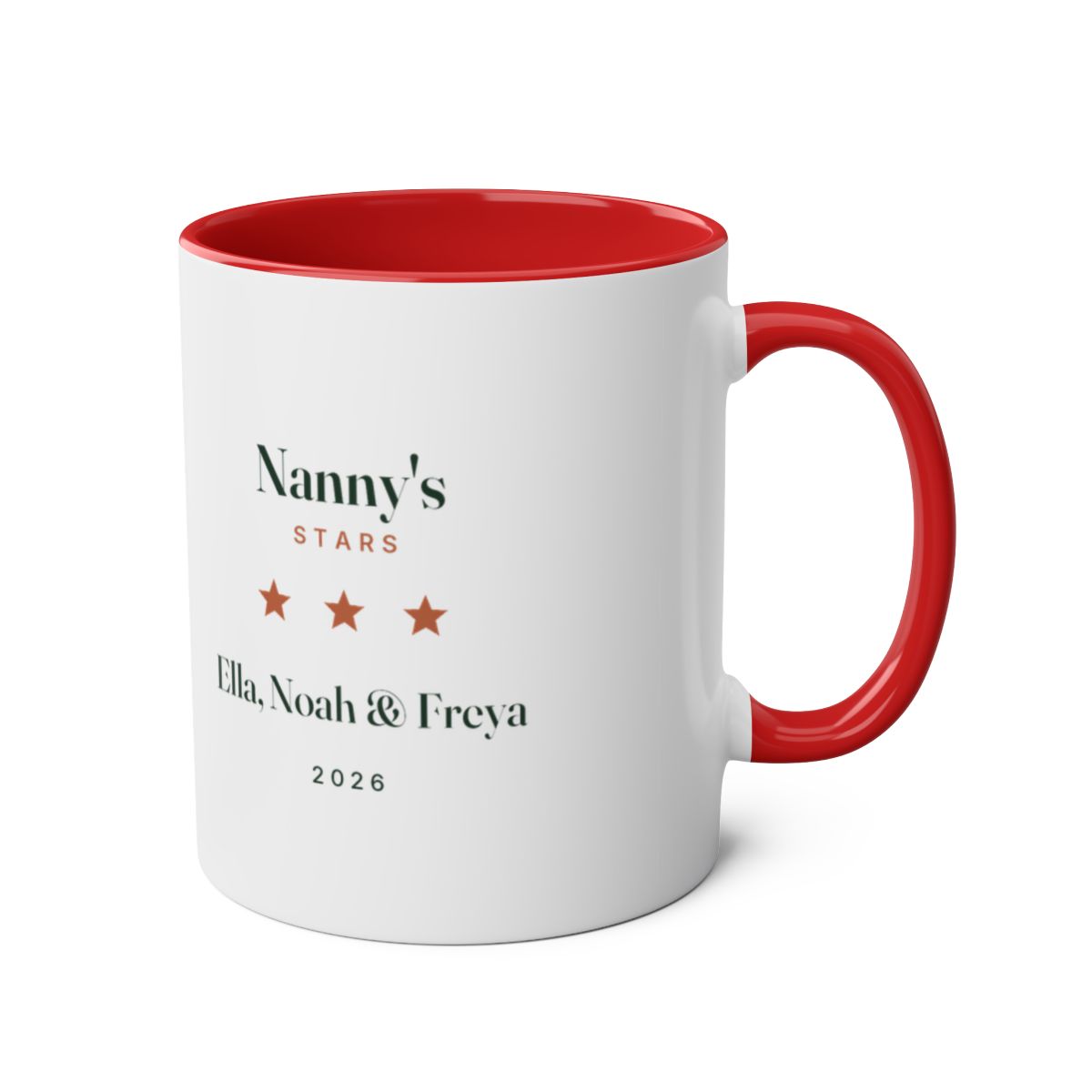 Personalised stars and names mug mock-up, red two-tone, handle on the right, showing 'Nanny's Stars' and 'Ella, Noah & Freya'