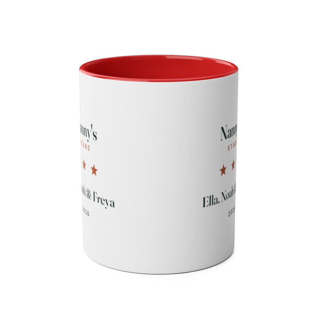 Personalised stars and names mug mock-up, red inside, seen from the front with the stars design printed on both sides