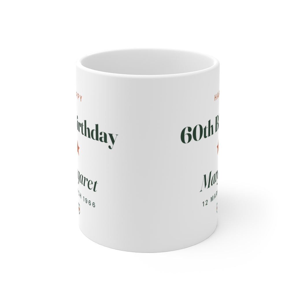Personalised milestone birthday mug mock-up seen from the front, showing the design printed on both sides of the white mug