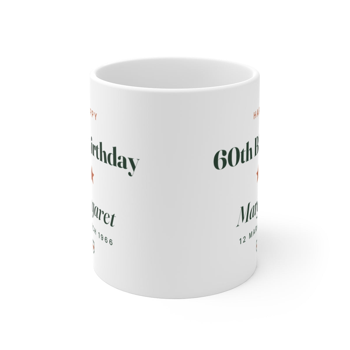 Personalised milestone birthday mug mock-up seen from the front, showing the design printed on both sides of the white mug