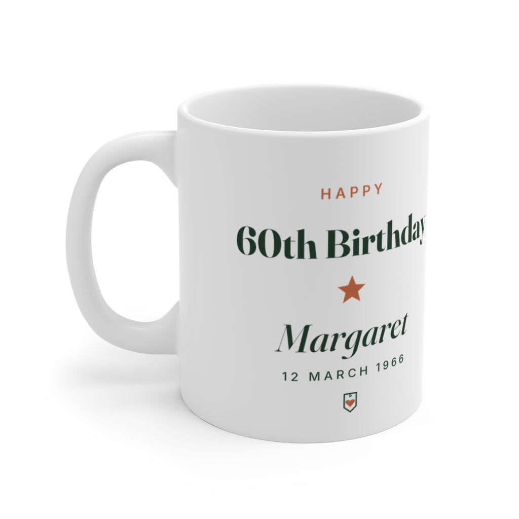 Personalised milestone birthday mug mock-up, handle left, printed 'Happy 60th Birthday', 'Margaret' and '12 March 1966'
