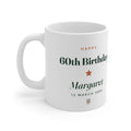 Personalised milestone birthday mug mock-up, handle left, printed 'Happy 60th Birthday', 'Margaret' and '12 March 1966'