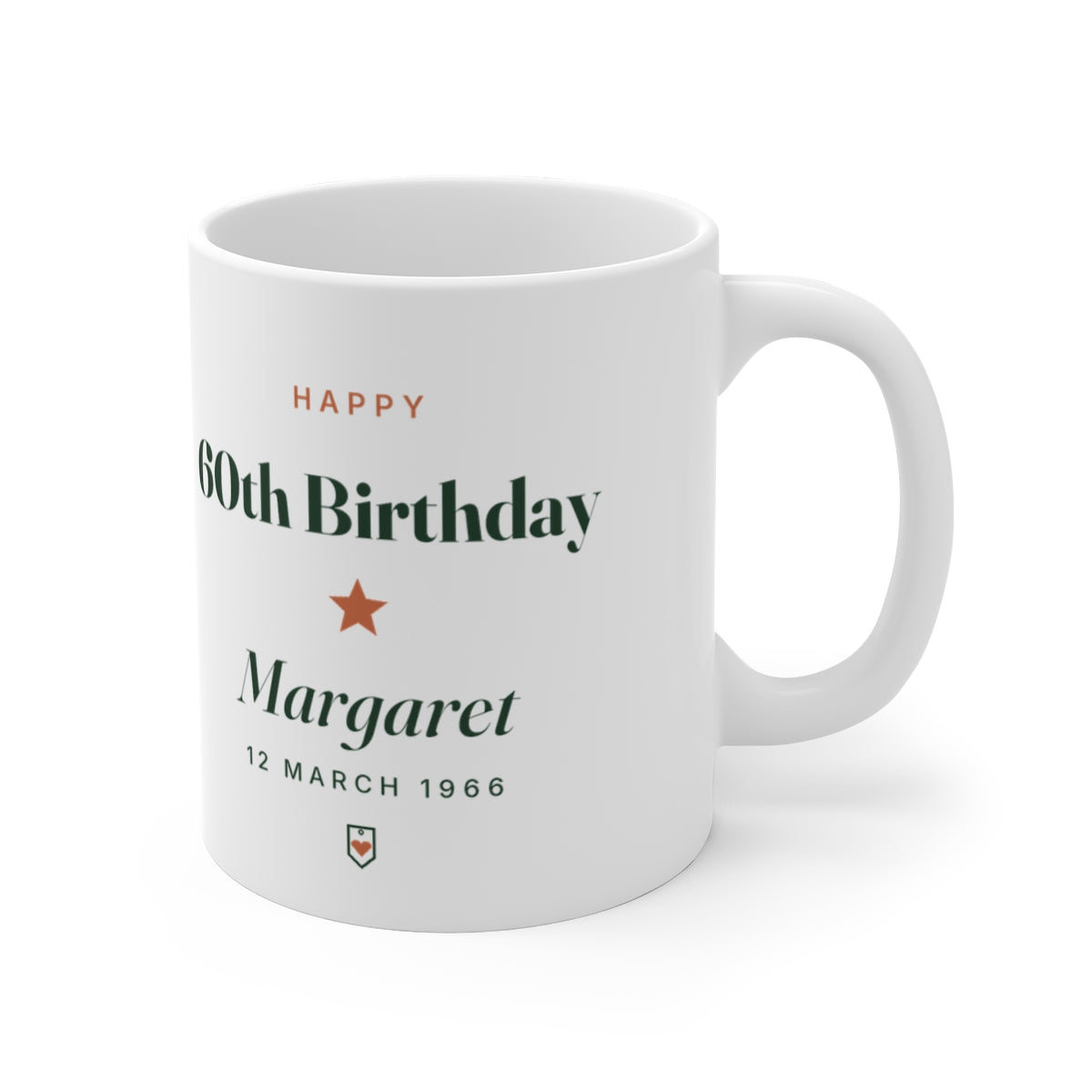 Personalised milestone birthday mug mock-up with the handle on the right, showing the sample 60th birthday text and star