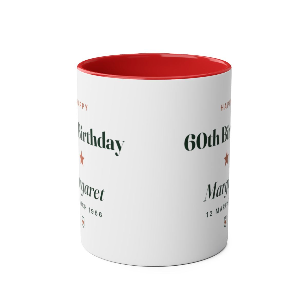 Personalised milestone birthday mug mock-up, red inside, seen from the front with the design printed on both sides