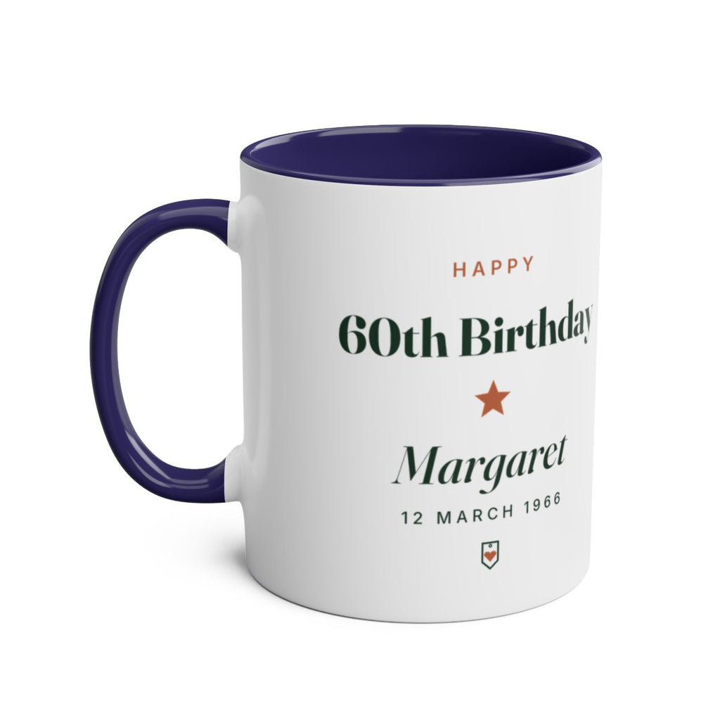 Personalised milestone birthday mug mock-up, dark blue two-tone, handle on the left, with the sample 60th birthday text