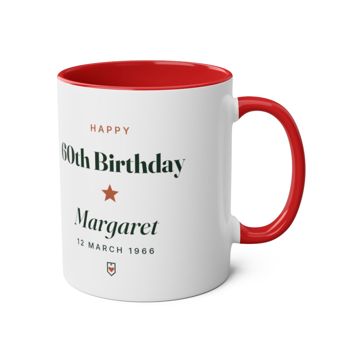 Personalised milestone birthday mug mock-up, red two-tone, handle on the right, showing 'Happy 60th Birthday' and 'Margaret'