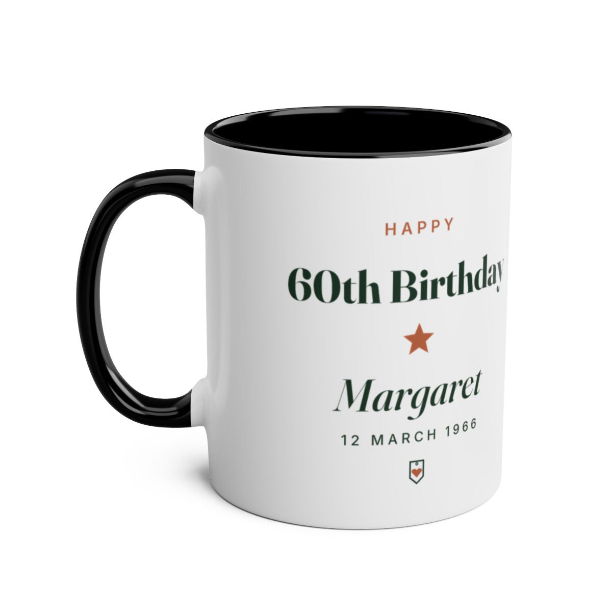 Personalised milestone birthday mug mock-up, black two-tone, handle on the left, with the sample 60th birthday text