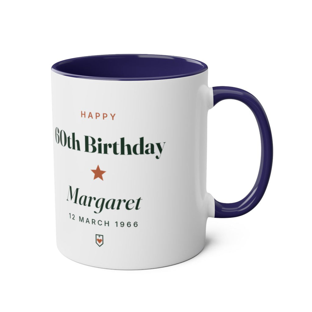 Personalised milestone birthday mug mock-up, dark blue two-tone, handle on the right, showing the sample 60th birthday text