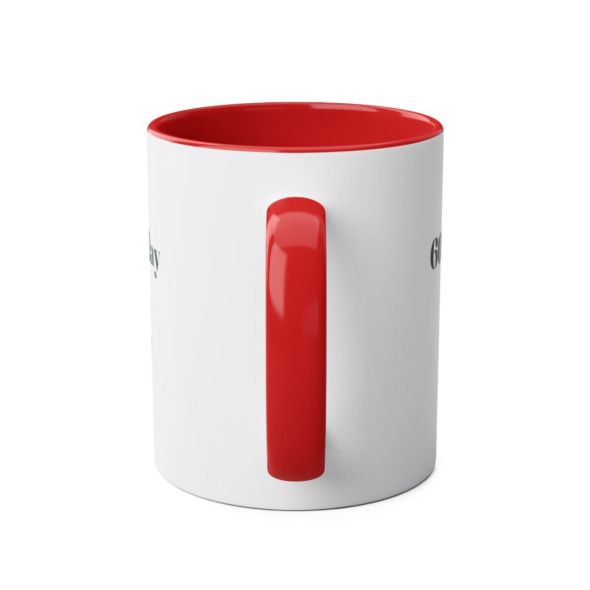 Personalised milestone birthday mug mock-up seen from the back, red handle facing the camera and the print mostly hidden