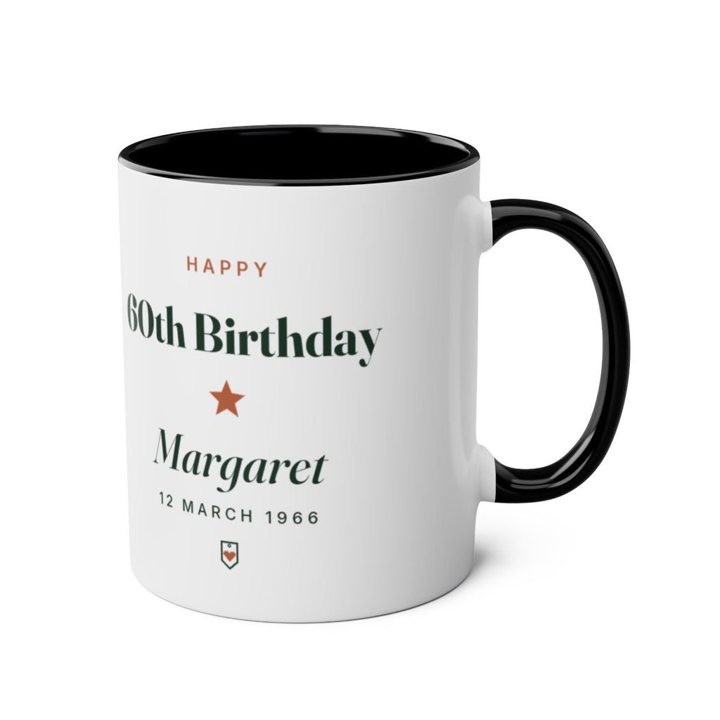 Personalised milestone birthday mug mock-up, black two-tone, handle on the right, with 'Happy 60th Birthday' and 'Margaret'