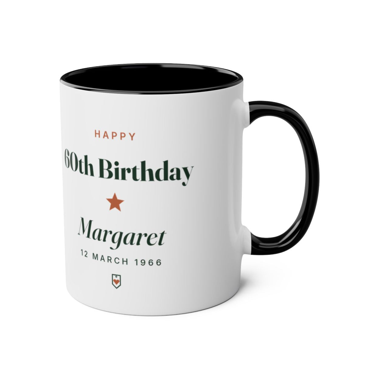 Personalised milestone birthday mug mock-up, black two-tone, handle on the right, with 'Happy 60th Birthday' and 'Margaret'