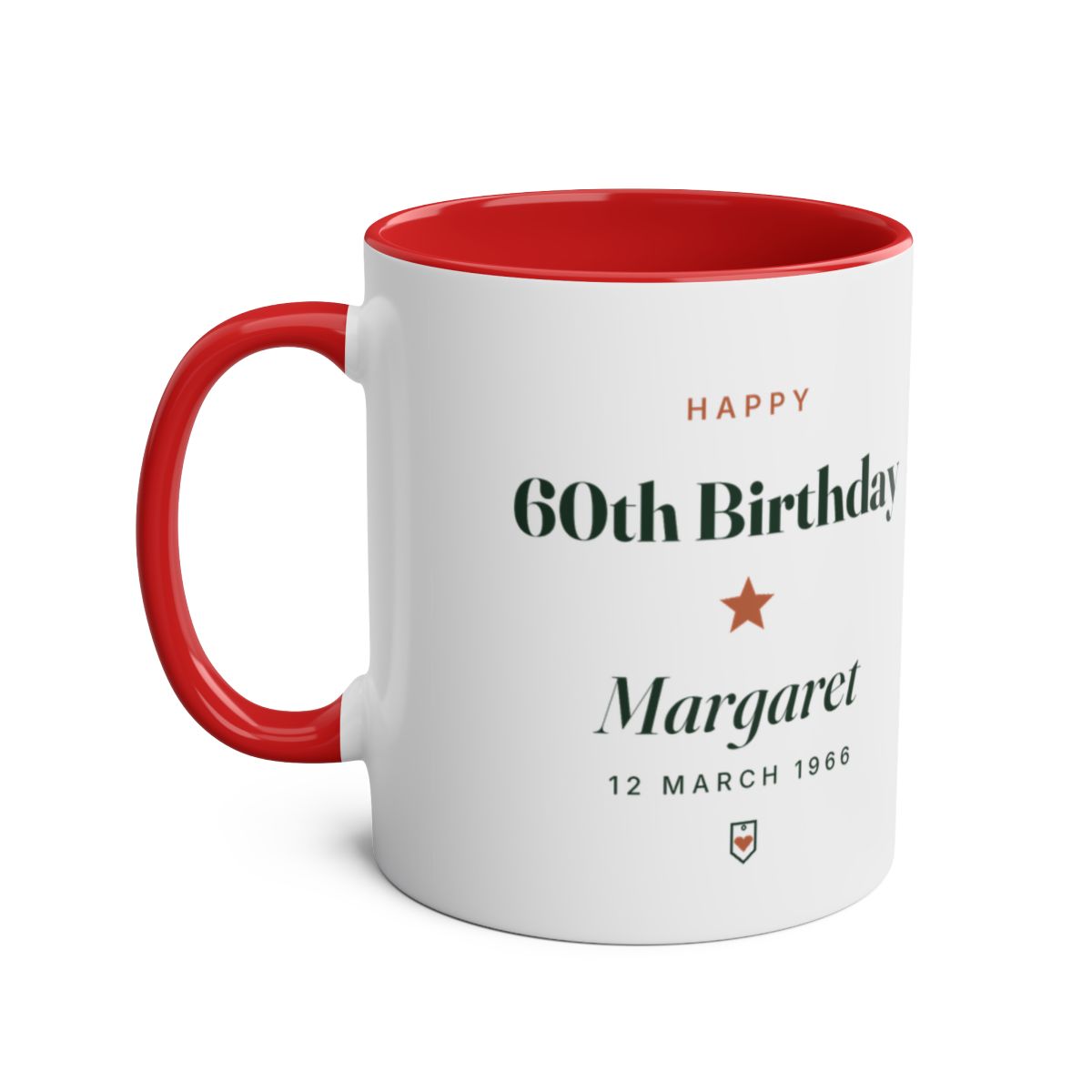 Personalised milestone birthday mug mock-up, red handle and inside, 'Happy 60th Birthday', 'Margaret' and '12 March 1966'