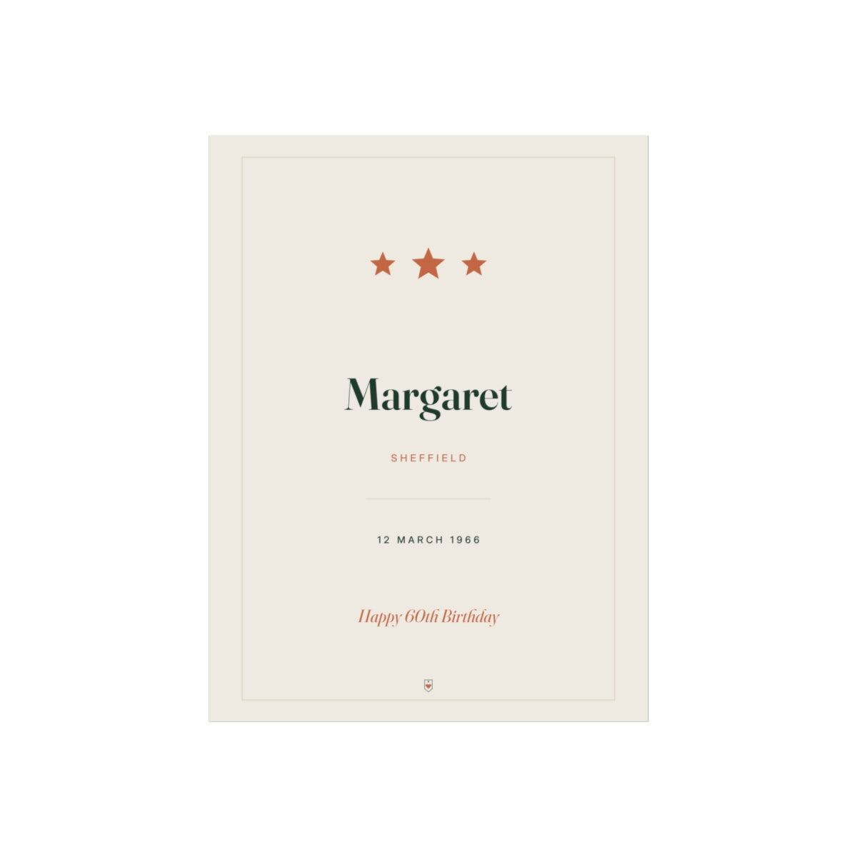 Personalised milestone birthday print mock-up with three stars, 'Margaret', '12 March 1966' and 'Happy 60th Birthday'
