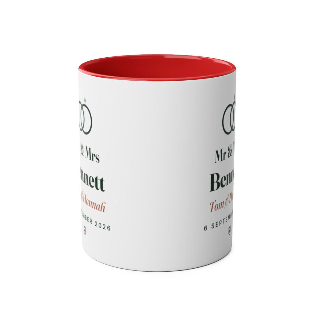 Personalised Mr & Mrs mug mock-up, red inside, seen from the front with the rings design printed on both sides