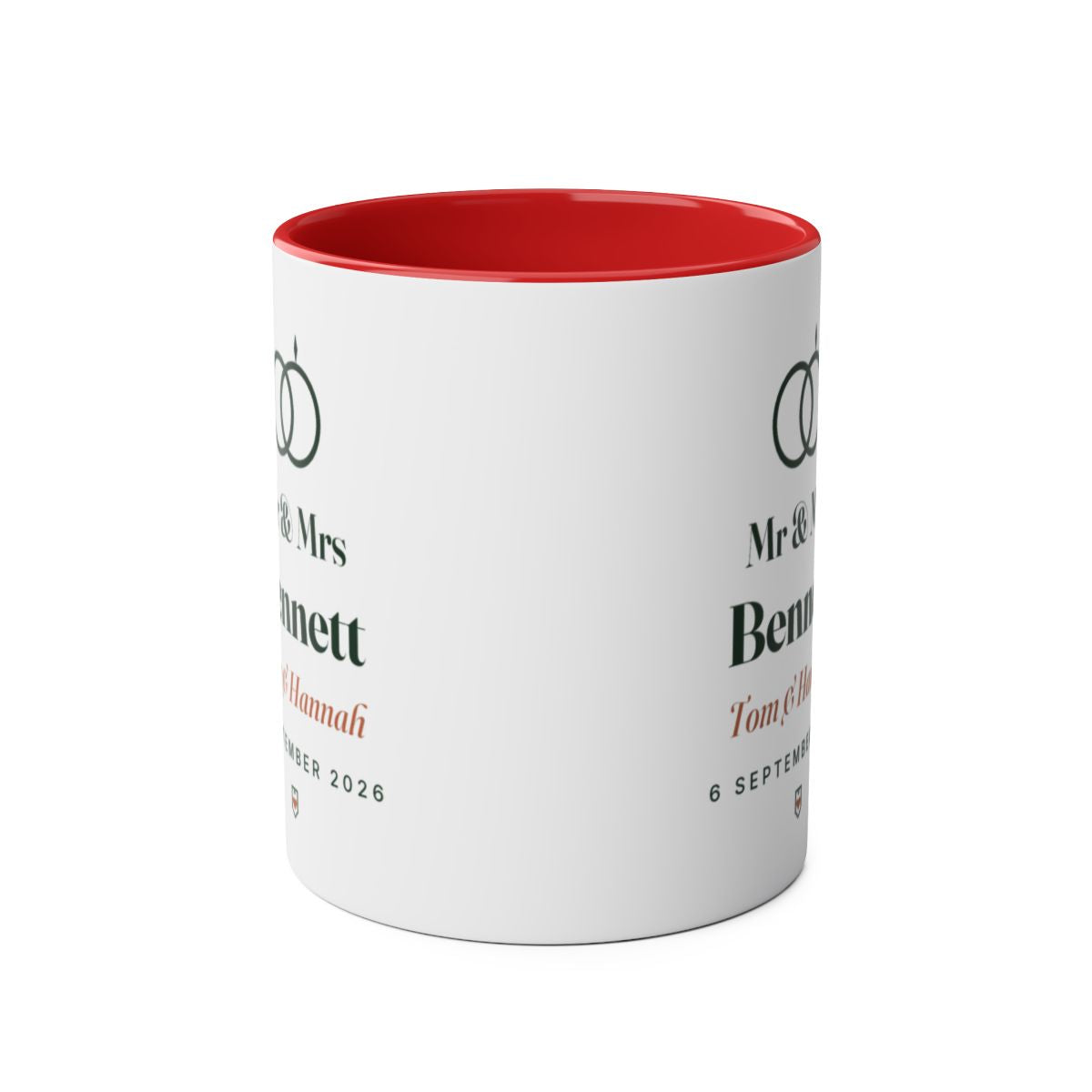 Personalised Mr & Mrs mug mock-up, red inside, seen from the front with the rings design printed on both sides