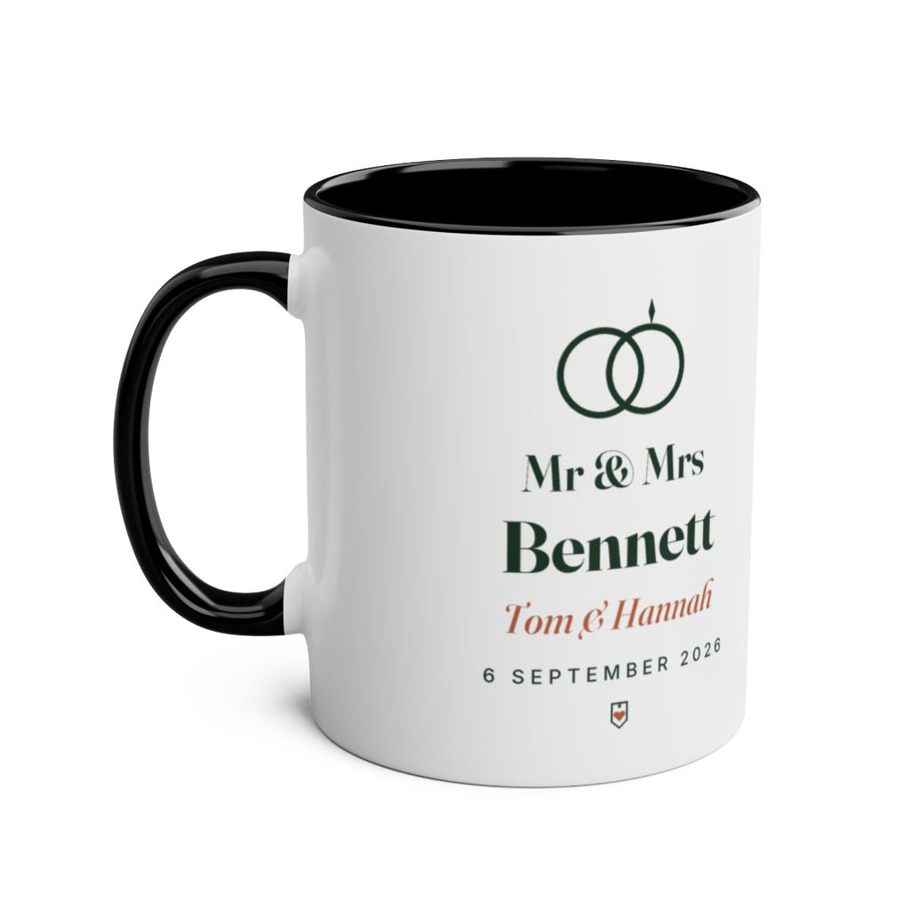 Personalised Mr & Mrs mug mock-up in the black two-tone colour, handle on the left, with the sample 'Bennett' wedding design