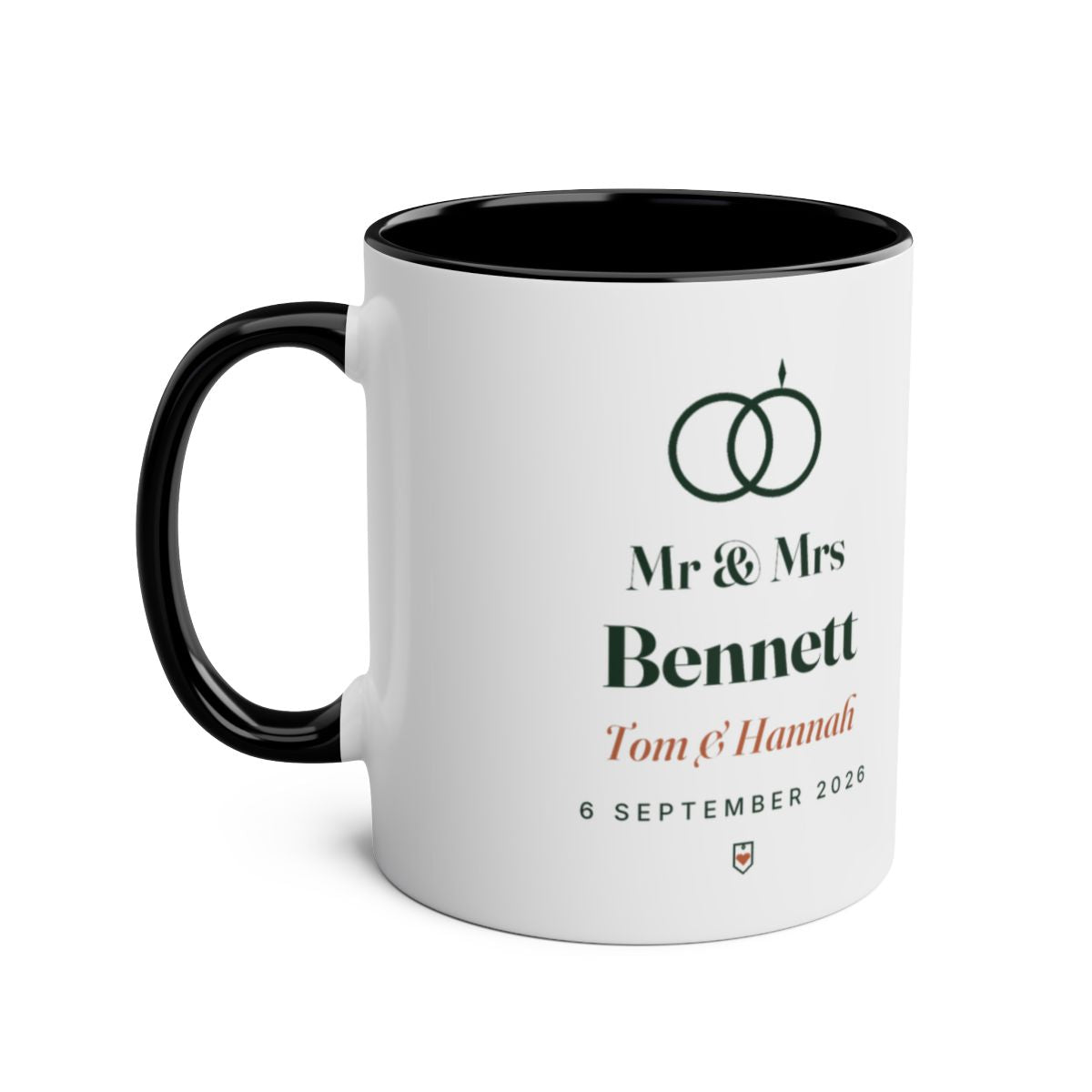 Personalised Mr & Mrs mug mock-up in the black two-tone colour, handle on the left, with the sample 'Bennett' wedding design