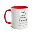 Personalised Mr & Mrs mug mock-up, red handle and inside, two rings, 'Bennett', 'Tom & Hannah' and '6 September 2026'