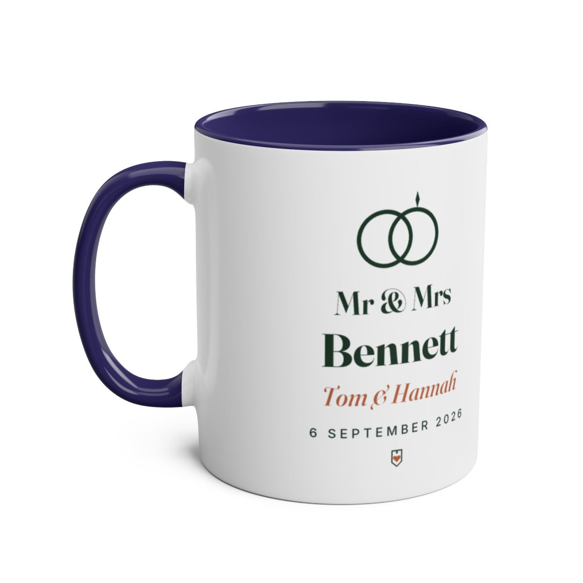 Personalised Mr & Mrs mug mock-up, dark blue two-tone, handle on the left, with the sample 'Bennett' wedding design