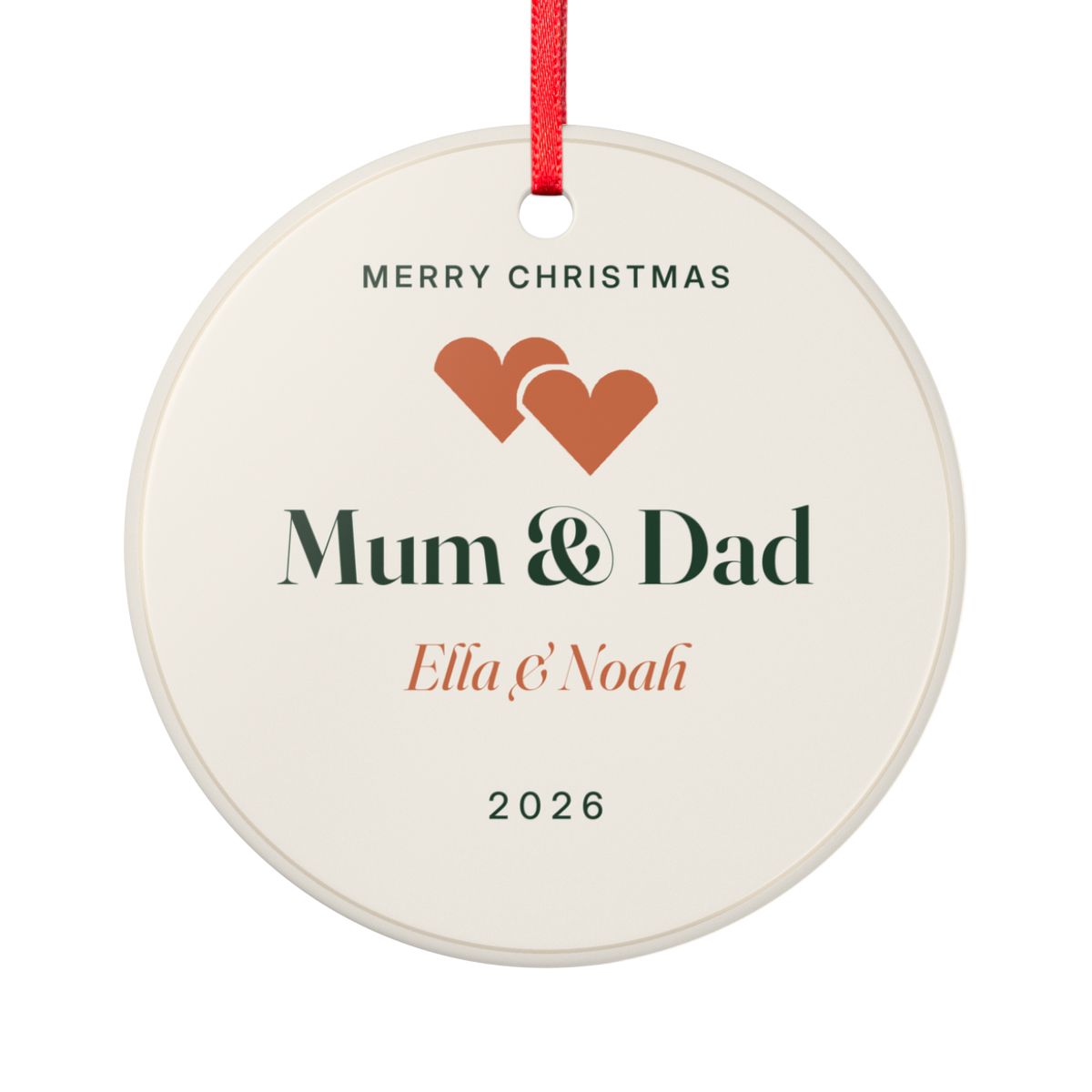 Personalised Mum and Dad Christmas ornament mock-up, round ceramic with two hearts, 'Mum & Dad', 'Ella & Noah' and '2026'