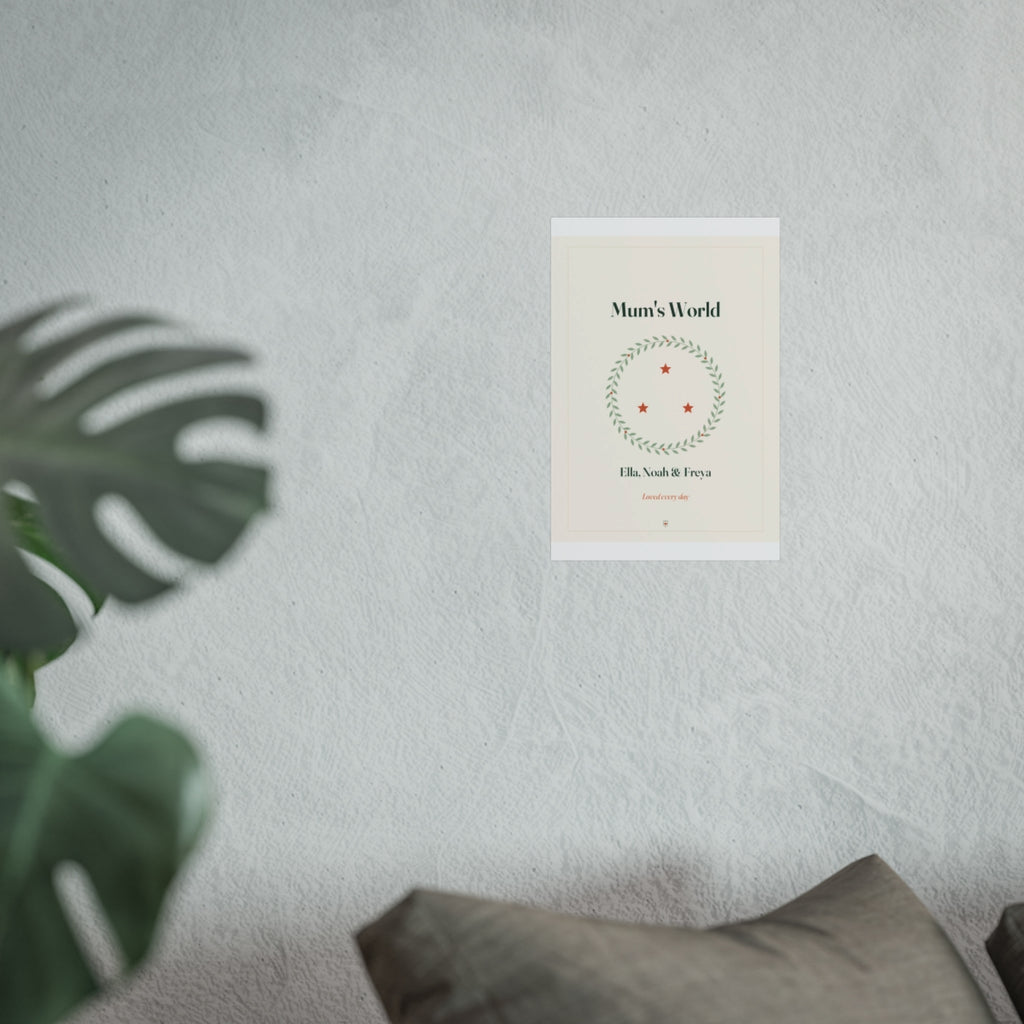 Personalised Mum print mock-up in the smaller 8 x 12 in size on the pale wall above the grey sofa cushions