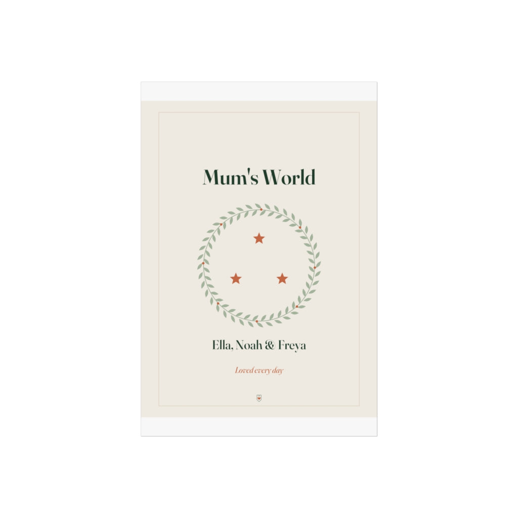 Personalised Mum print mock-up flat in the taller 8 x 12 in proportion, three stars in a wreath and 'Loved every day' beneath