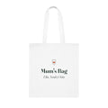 Personalised Mum's Bag tote mock-up, white cotton bag laid flat with a small heart badge, 'Mum's Bag' and 'Ella, Noah & Isla'
