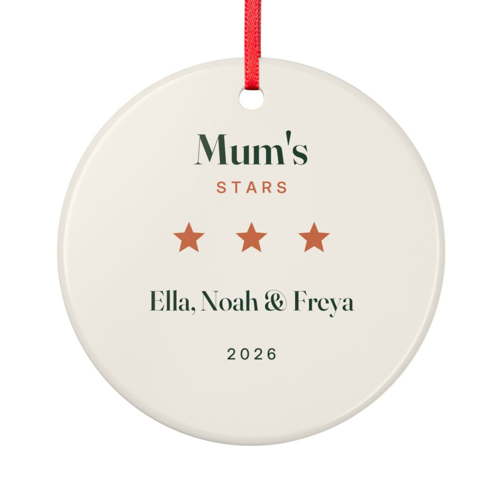Personalised Mum's Stars Christmas ornament mock-up, round ceramic with 'Mum's Stars', three orange stars and sample names