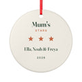 Personalised Mum's Stars Christmas ornament mock-up, round ceramic with 'Mum's Stars', three orange stars and sample names