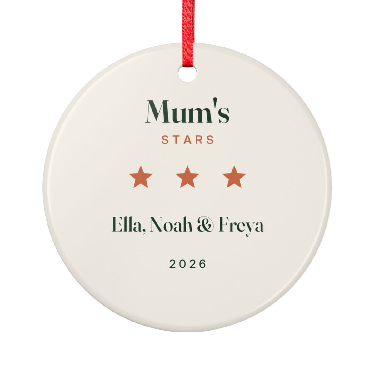 Personalised Mum's Stars Christmas ornament mock-up, round ceramic with 'Mum's Stars', three orange stars and sample names