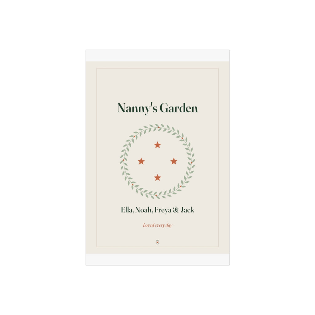 Personalised Nanny print mock-up in the taller 8 x 12 in proportion, four stars in a wreath and 'Loved every day' beneath