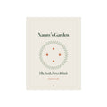 Personalised Nanny print mock-up, flat front view, 'Nanny's Garden' above a wreath of four orange stars and sample names
