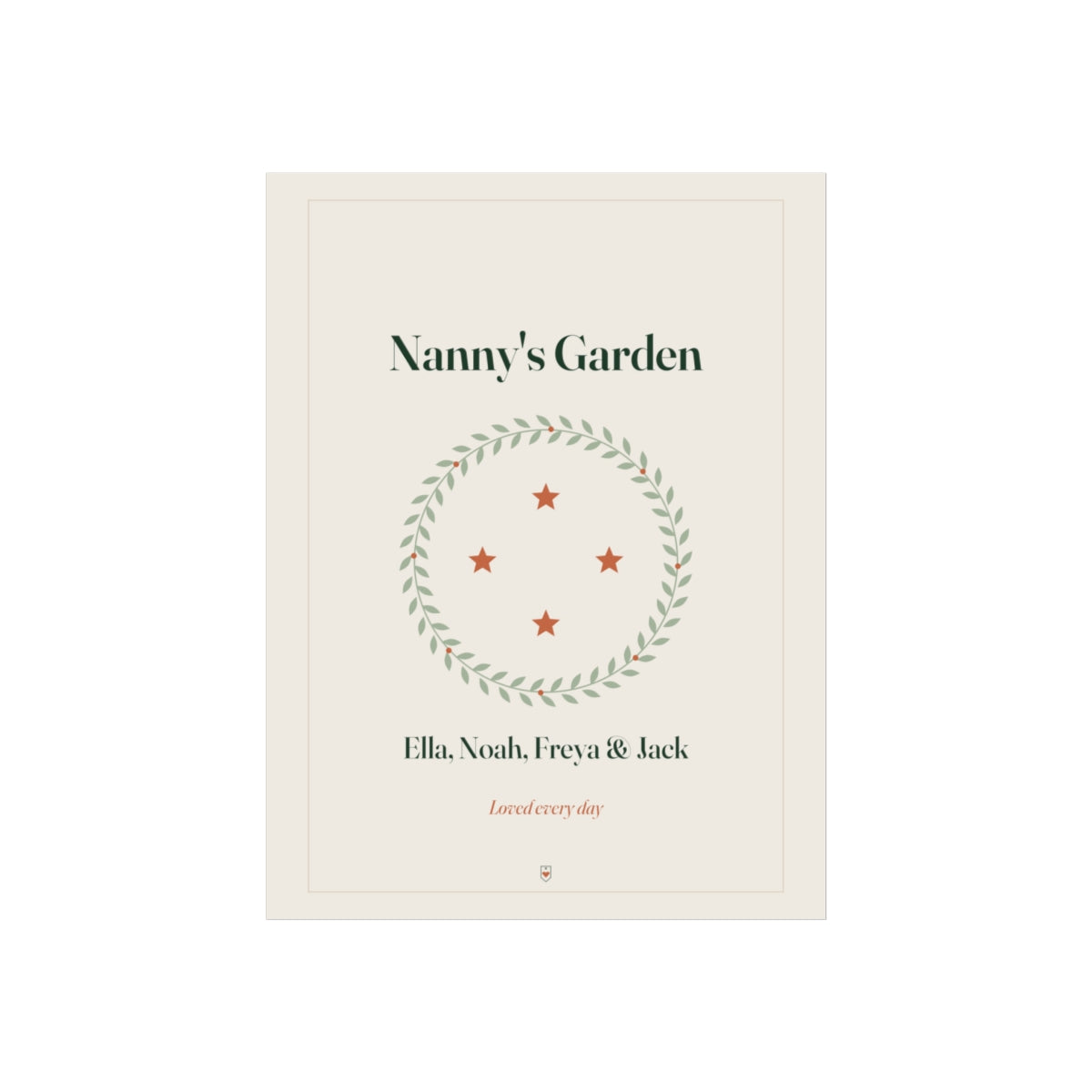 Personalised Nanny print mock-up, flat front view, 'Nanny's Garden' above a wreath of four orange stars and sample names