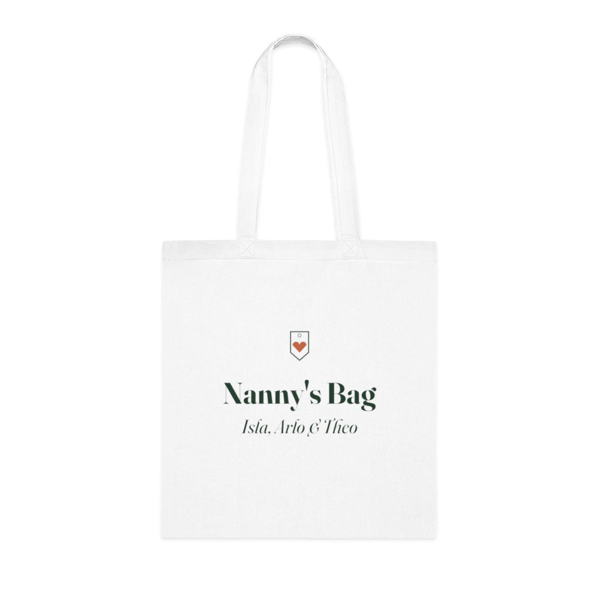 Personalised Nanny's Bag tote mock-up, white cotton bag laid flat with a heart badge, 'Nanny's Bag' and 'Isla, Arlo & Theo'