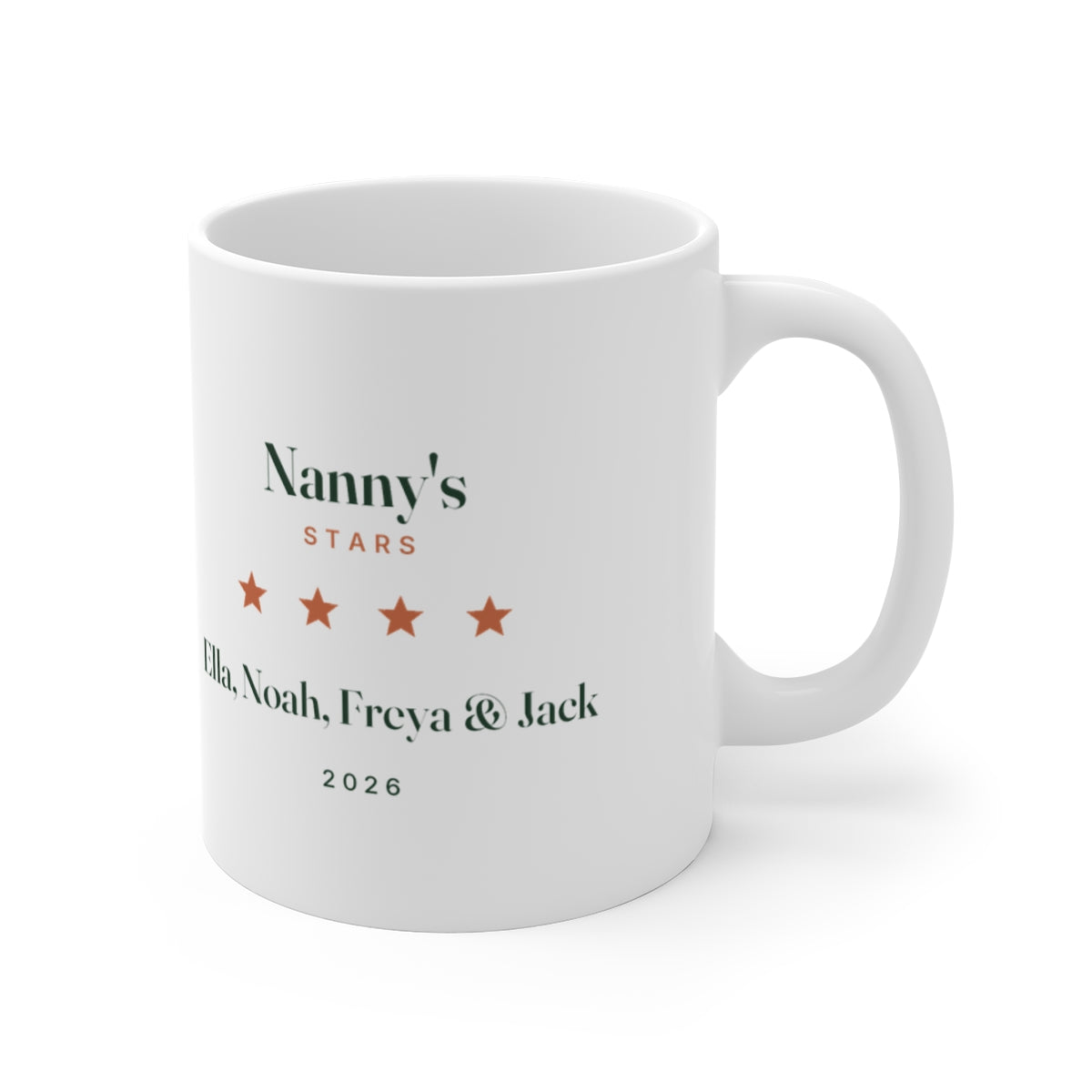 Personalised Nanny's Stars mug mock-up with the handle to the right, 'Ella, Noah, Freya & Jack' cropped at the print edge