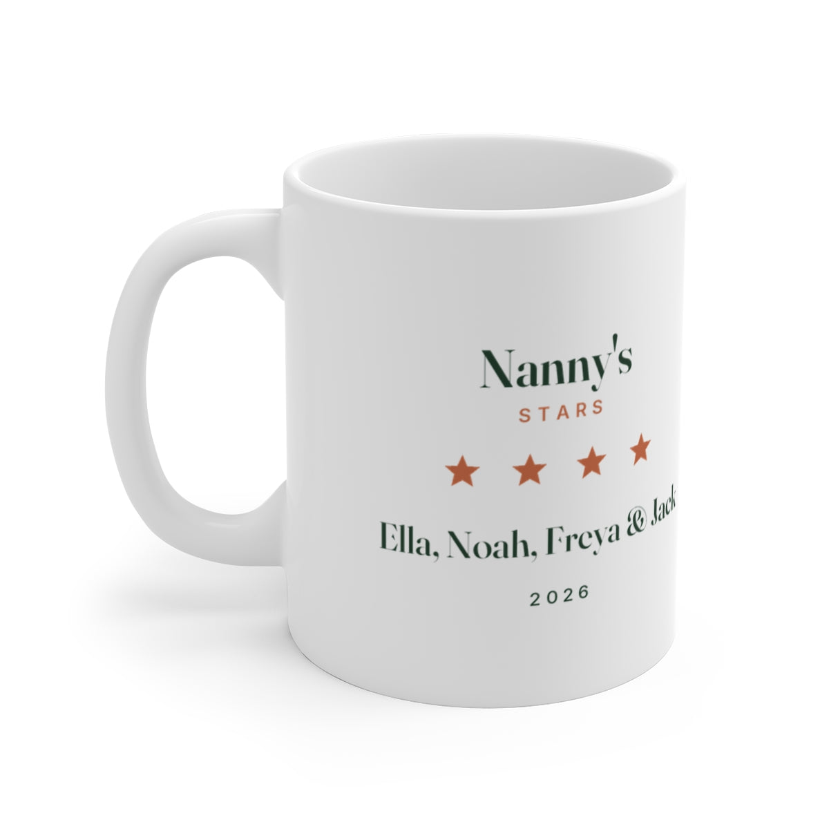 Personalised Nanny's Stars mug mock-up with 'Nanny's Stars', four orange stars and sample names running to the print edge