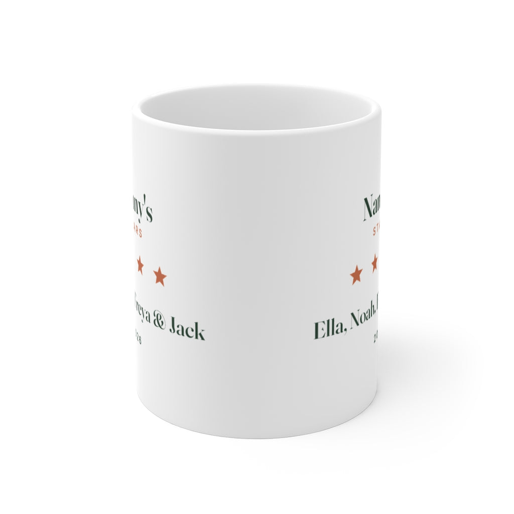Personalised Nanny's Stars mug mock-up seen from the front with the handle hidden, the print wrapping onto both sides