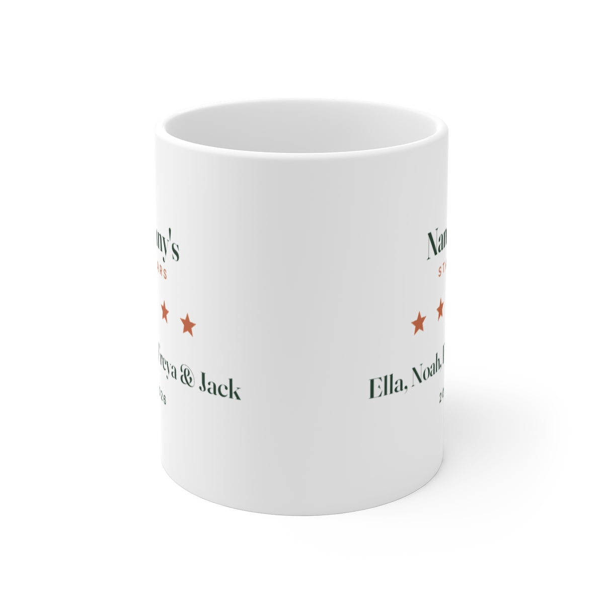 Personalised Nanny's Stars mug mock-up seen from the front with the handle hidden, the print wrapping onto both sides