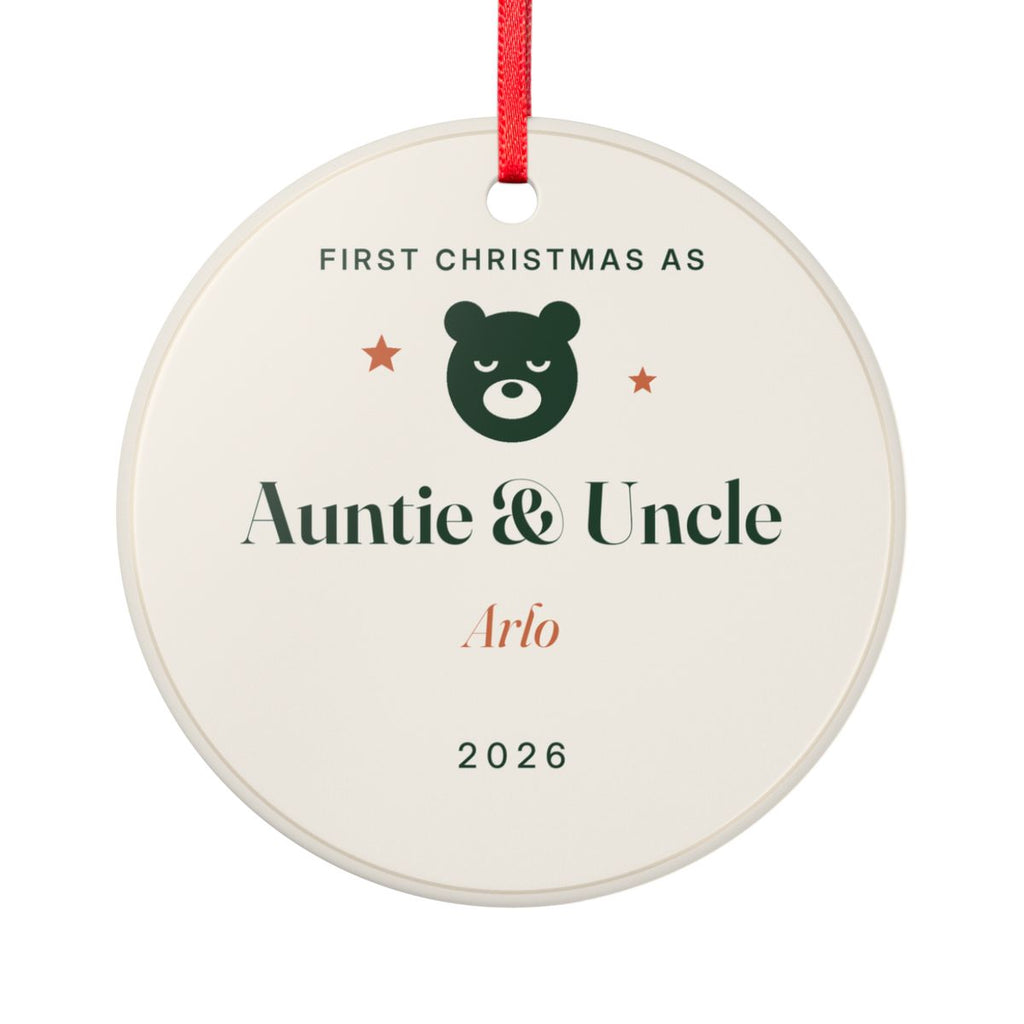 Personalised New Auntie and Uncle ornament mock-up with a bear face, 'First Christmas as Auntie & Uncle', 'Arlo' and '2026'