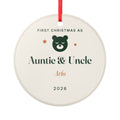 Personalised New Auntie and Uncle ornament mock-up with a bear face, 'First Christmas as Auntie & Uncle', 'Arlo' and '2026'
