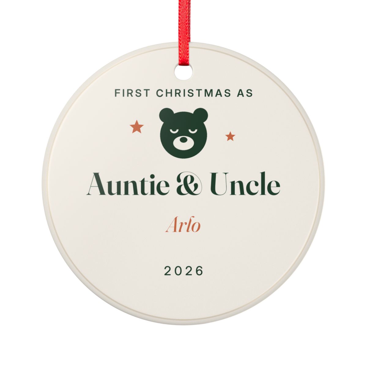 Personalised New Auntie and Uncle ornament mock-up with a bear face, 'First Christmas as Auntie & Uncle', 'Arlo' and '2026'