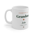 Personalised new Grandma mug mock-up, white mug printed 'Promoted to Grandma', a star, sample name 'Arlo' and '3 May 2026'