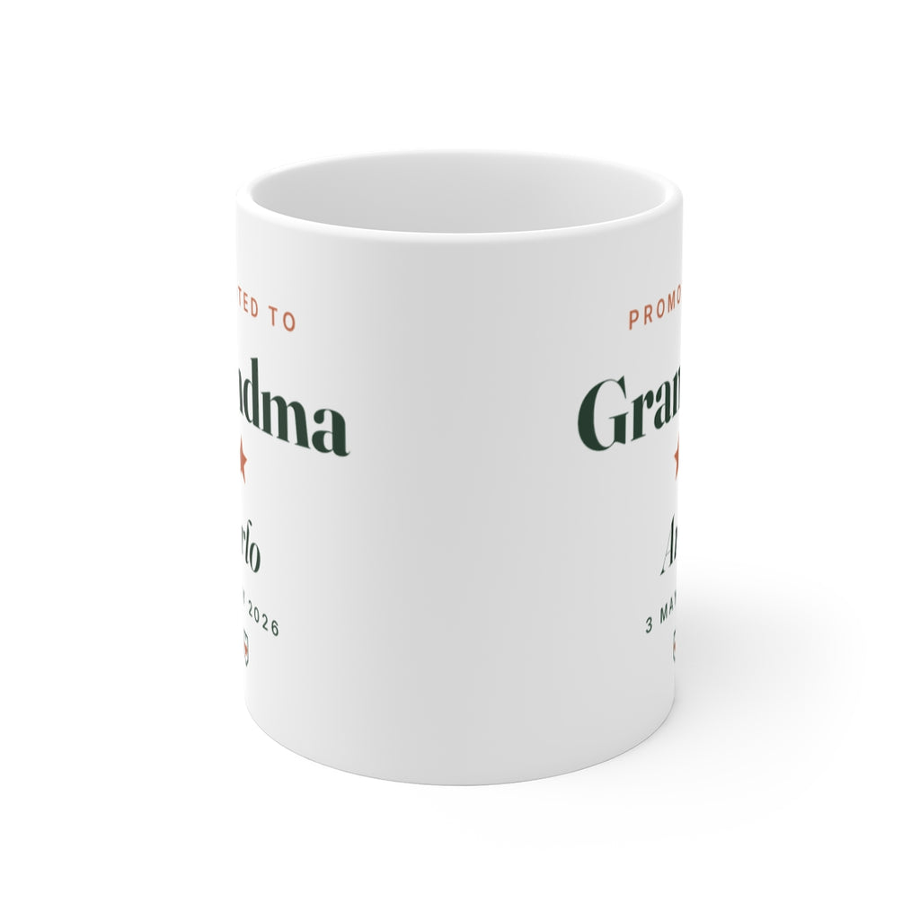 Personalised new Grandma mug mock-up seen from the front with the handle hidden, the print wrapping onto both sides